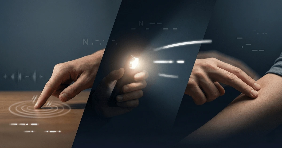 Person demonstrating Morse code for the word no with flashlight and tapping signals.