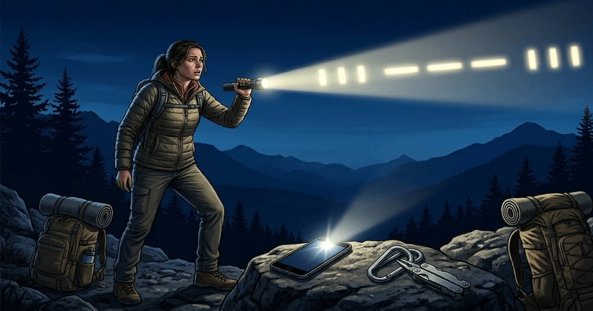 Person using a flashlight to send an SOS signal at night