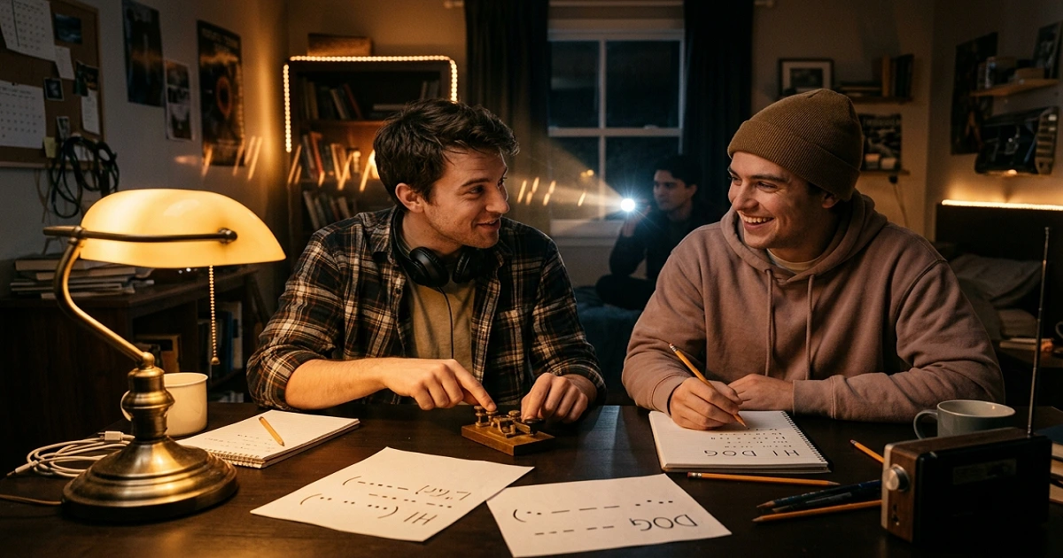 Two friends practicing Morse code