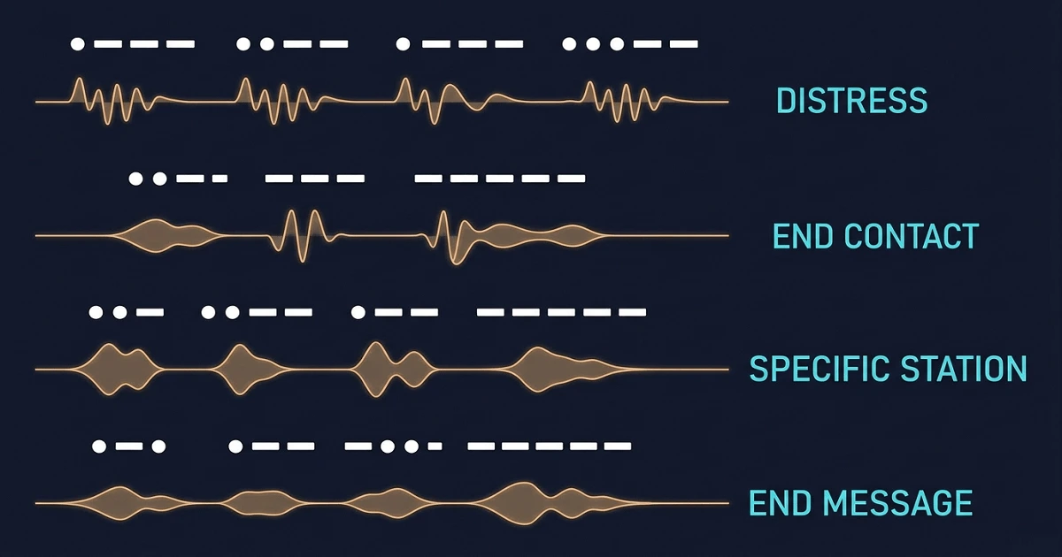 Sound pattern diagrams for the big four Morse code prosigns: SOS, SK, KN, and AR